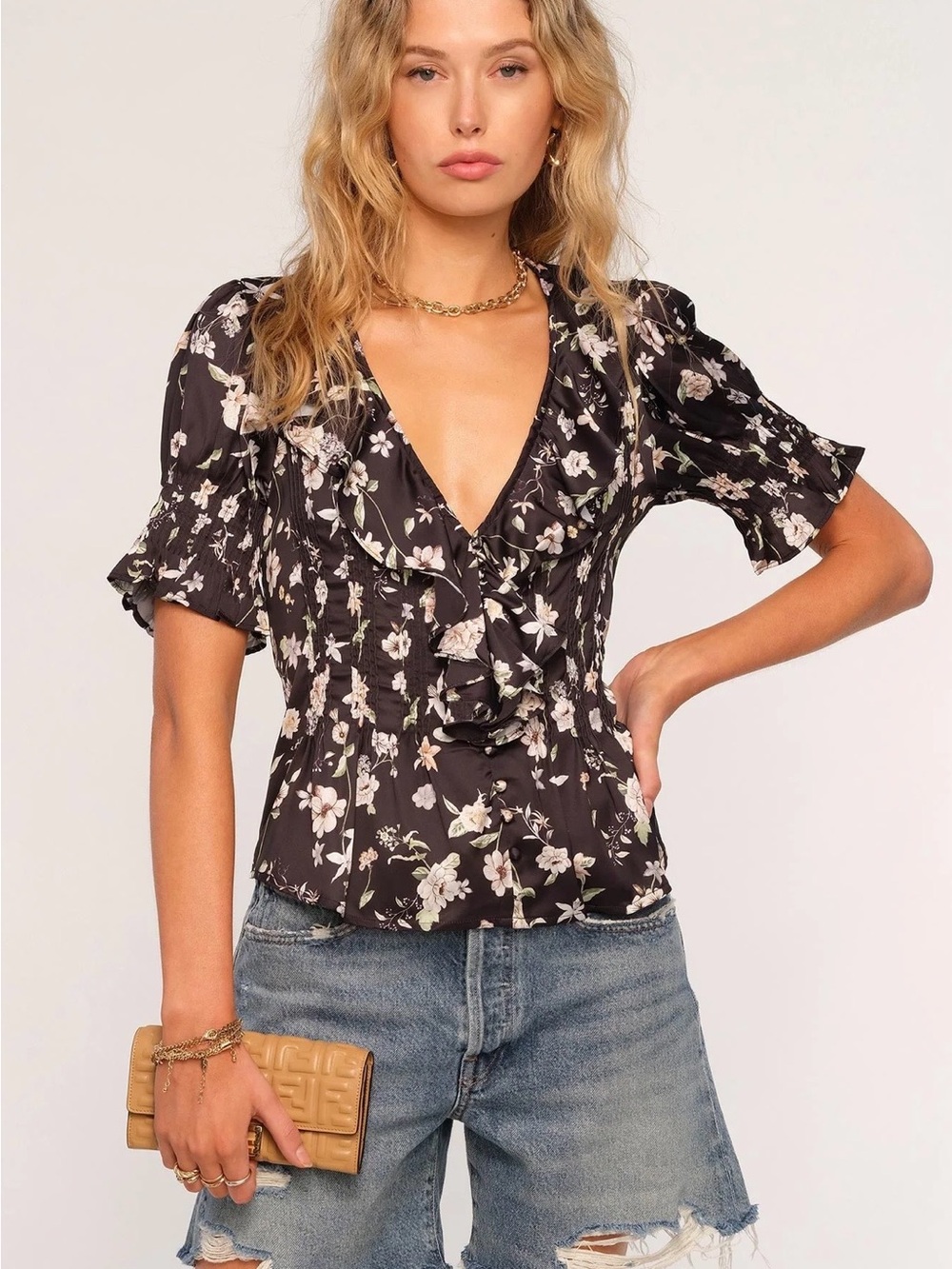 Heartloom Eugenia Black Floral Ruffle Blouse size L